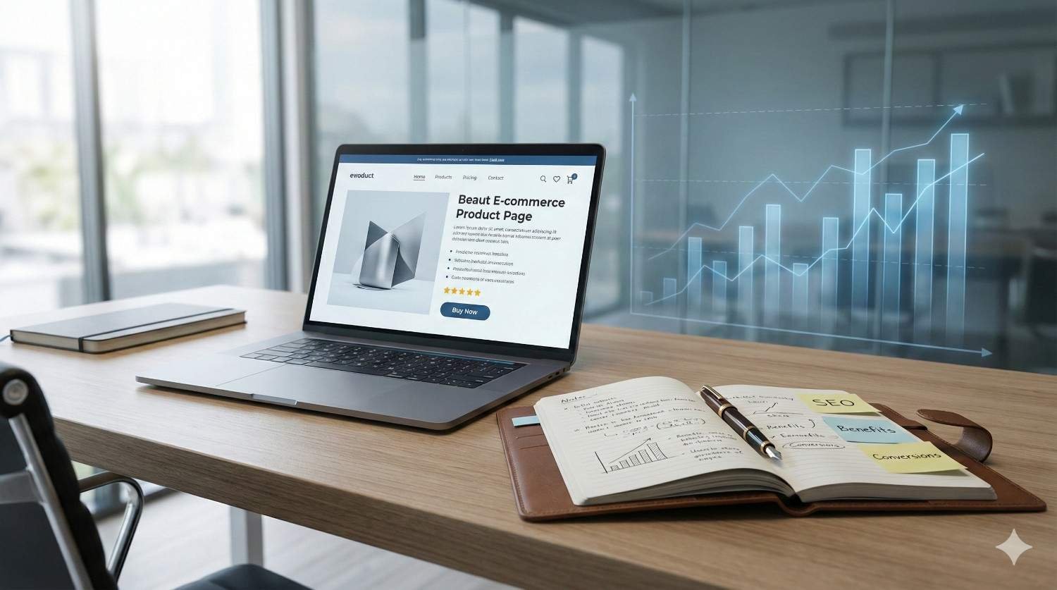 A laptop on a modern desk displays a beauty e-commerce product page with ratings and a buy button, beside an open notebook labeled SEO and conversion notes, while transparent rising graphs appear in the background, suggesting performance tracking and online sales growth.