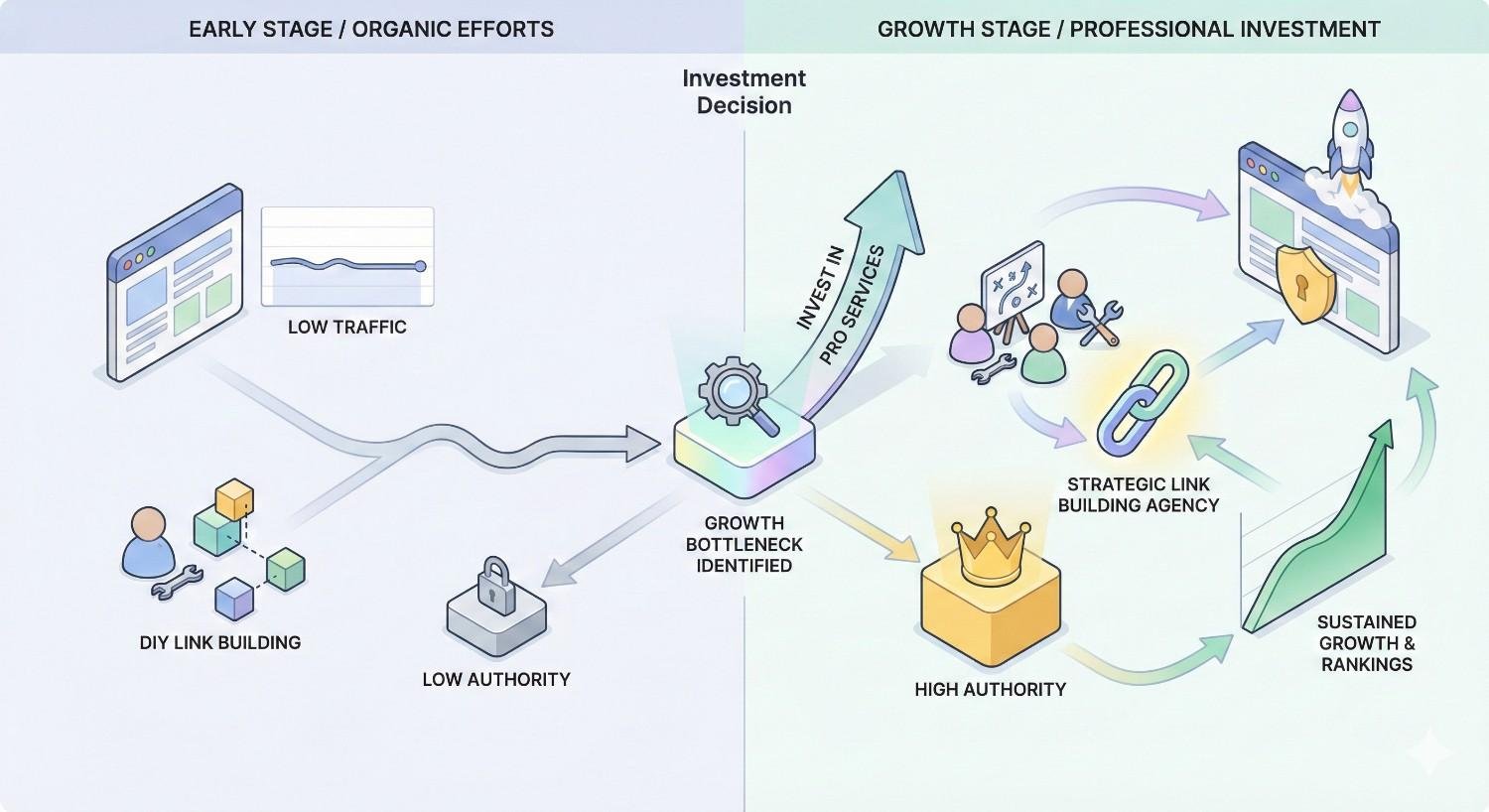Infographic comparing early-stage organic efforts with growth-stage professional investment. Left shows DIY link building, low traffic, and low authority. After identifying a growth bottleneck, investment in a strategic link building agency leads to higher authority, sustained growth, and improved rankings.