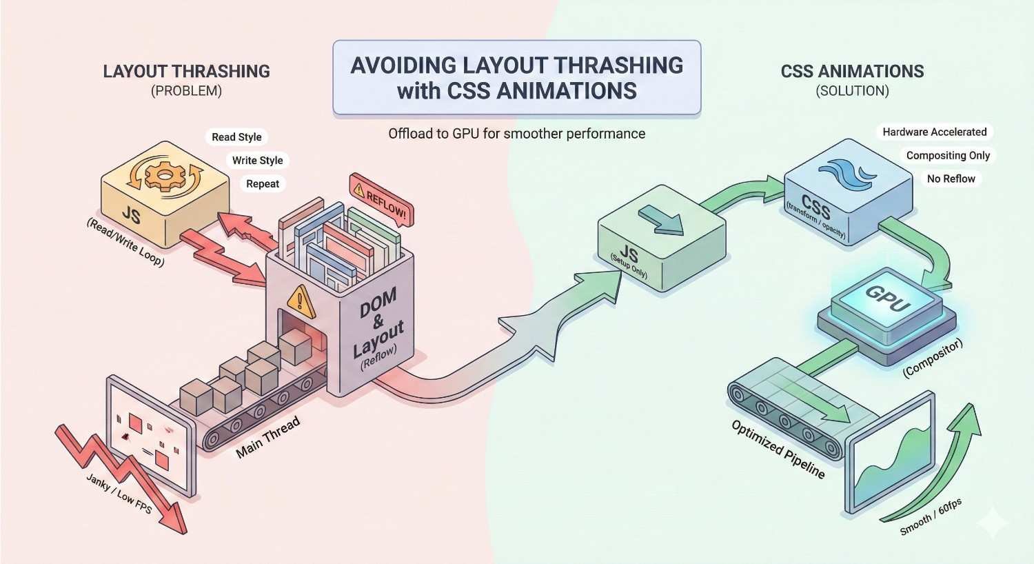 Infographic titled “Avoiding Layout Thrashing with CSS Animations.” Left shows layout thrashing from repeated JS read/write causing reflows and low FPS. Right shows optimized CSS animations offloaded to GPU with hardware acceleration and compositing, resulting in smoother 60fps performance and no reflow.