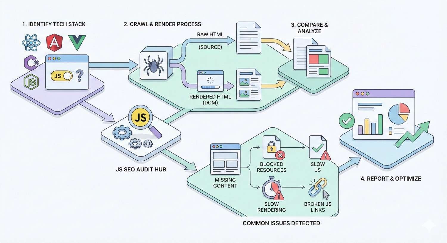 Infographic outlining a JavaScript SEO audit workflow: identify tech stack, crawl and render raw vs rendered HTML, compare and analyze results, detect issues like blocked resources or slow JS, then report and optimize for improved search performance.