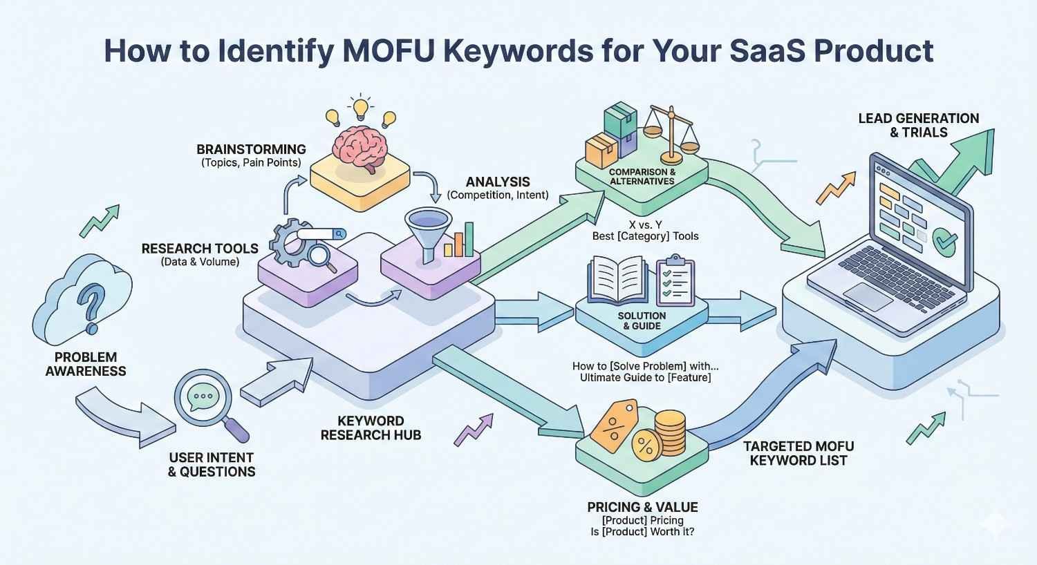 An isometric workflow diagram showing how to identify MOFU keywords for a SaaS product, moving from problem awareness and user intent through brainstorming, research tools, and competitive analysis to comparison content, solution guides, pricing evaluation, and targeted keywords that drive leads and trials.