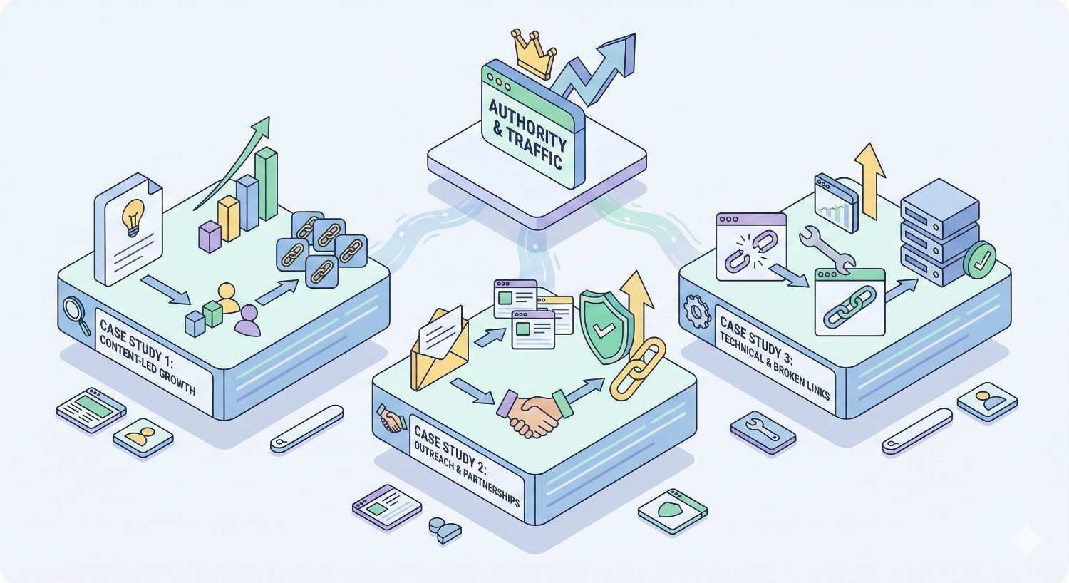 Infographic titled “Case Study Link Building Outreach Strategy” showing workflow from research and data to case study creation, outreach targets, personalized pitch, relationship building, link placement, and resulting growth and authority, with a cycle of create value, promote, measure, and repeat.