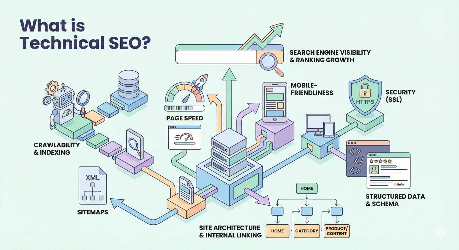 Isometric illustration explaining what technical SEO is, highlighting crawlability and indexing, XML sitemaps, site architecture, internal linking, page speed, mobile friendliness, HTTPS security, structured data, and schema, all contributing to improved search engine visibility and ranking growth.