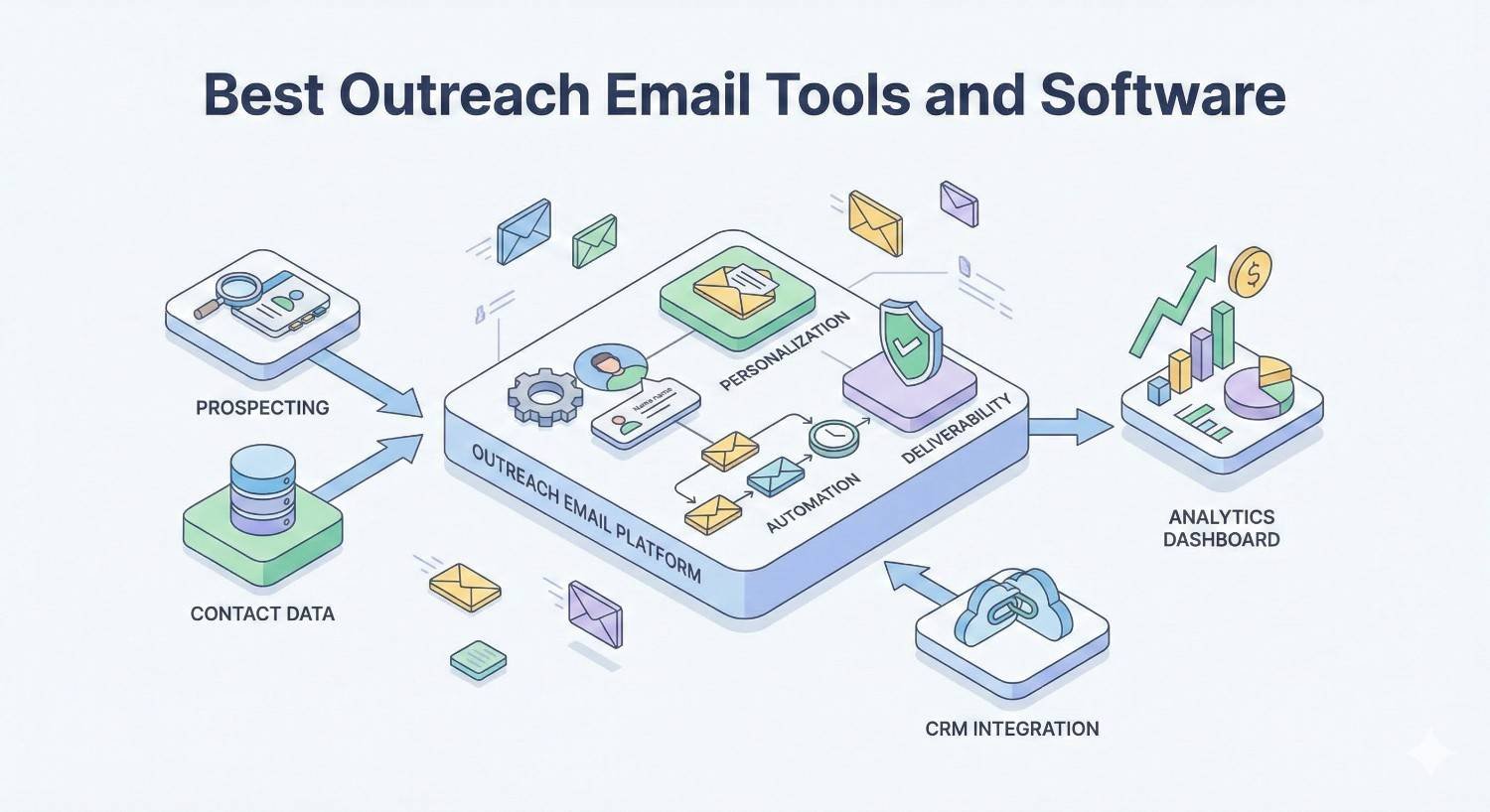 Infographic titled “Best Outreach Email Tools and Software,” showing a central outreach platform handling prospecting, contact data, personalization, automation, deliverability, CRM integration, and analytics dashboards, illustrated with envelopes, charts, shields, arrows, and rising performance metrics.
