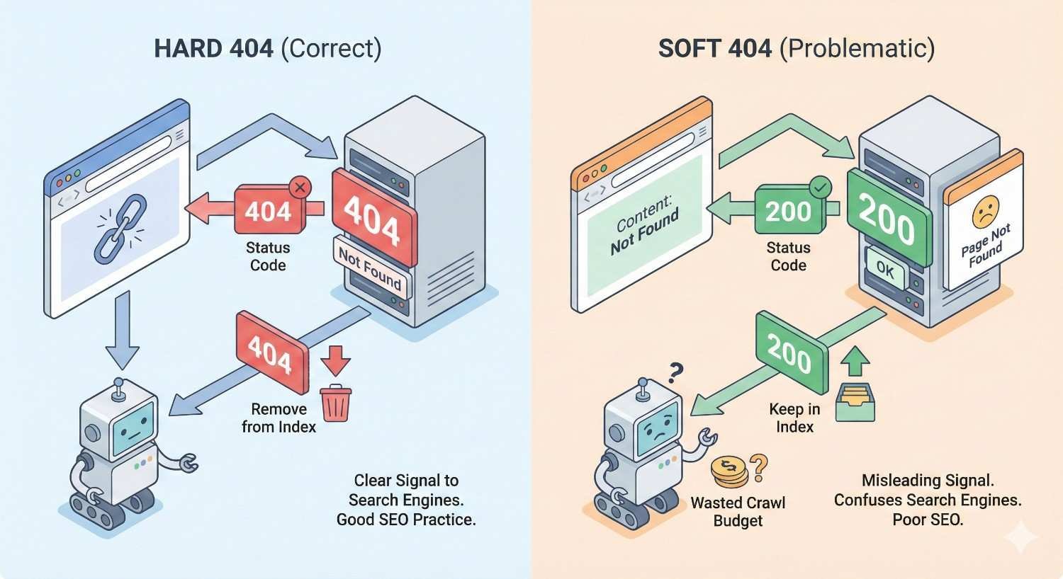 Split infographic comparing Hard 404 and Soft 404 errors. Hard 404 correctly returns a 404 status, removes page from index, and signals search engines clearly. Soft 404 returns 200 status despite missing content, stays indexed, wastes crawl budget, and confuses search engines, harming SEO.