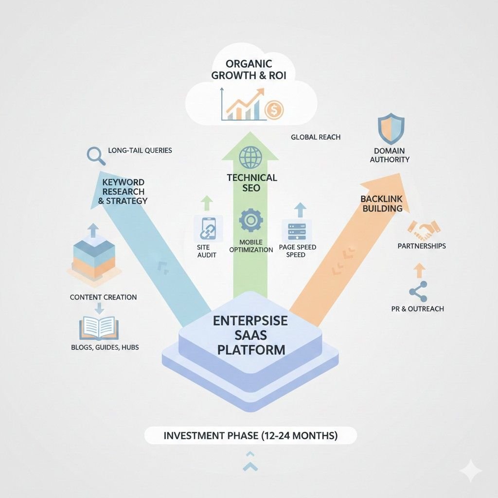 Diagram showing an enterprise SaaS platform growing organic traffic and ROI through SEO. It highlights keyword research and content creation, technical SEO improvements, and backlink building, leading to global reach, domain authority, and sustained growth over a 12–24 month investment phase.