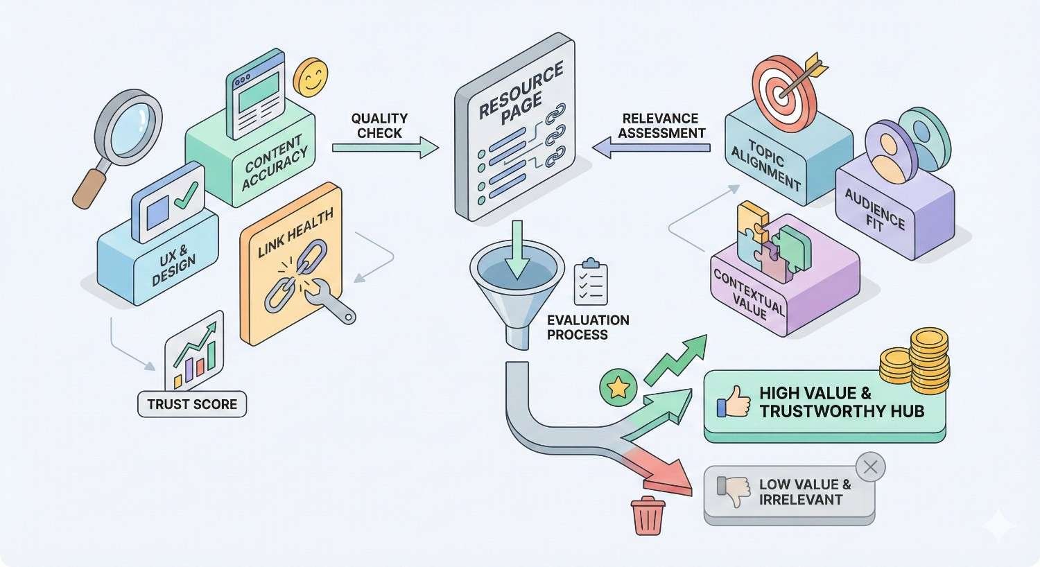 Infographic illustrating evaluation of a resource page: checks for content accuracy, UX design, link health, and trust score, followed by relevance assessment including topic alignment, audience fit, and contextual value. The process filters pages into high-value, trustworthy hubs or low-value, irrelevant ones.