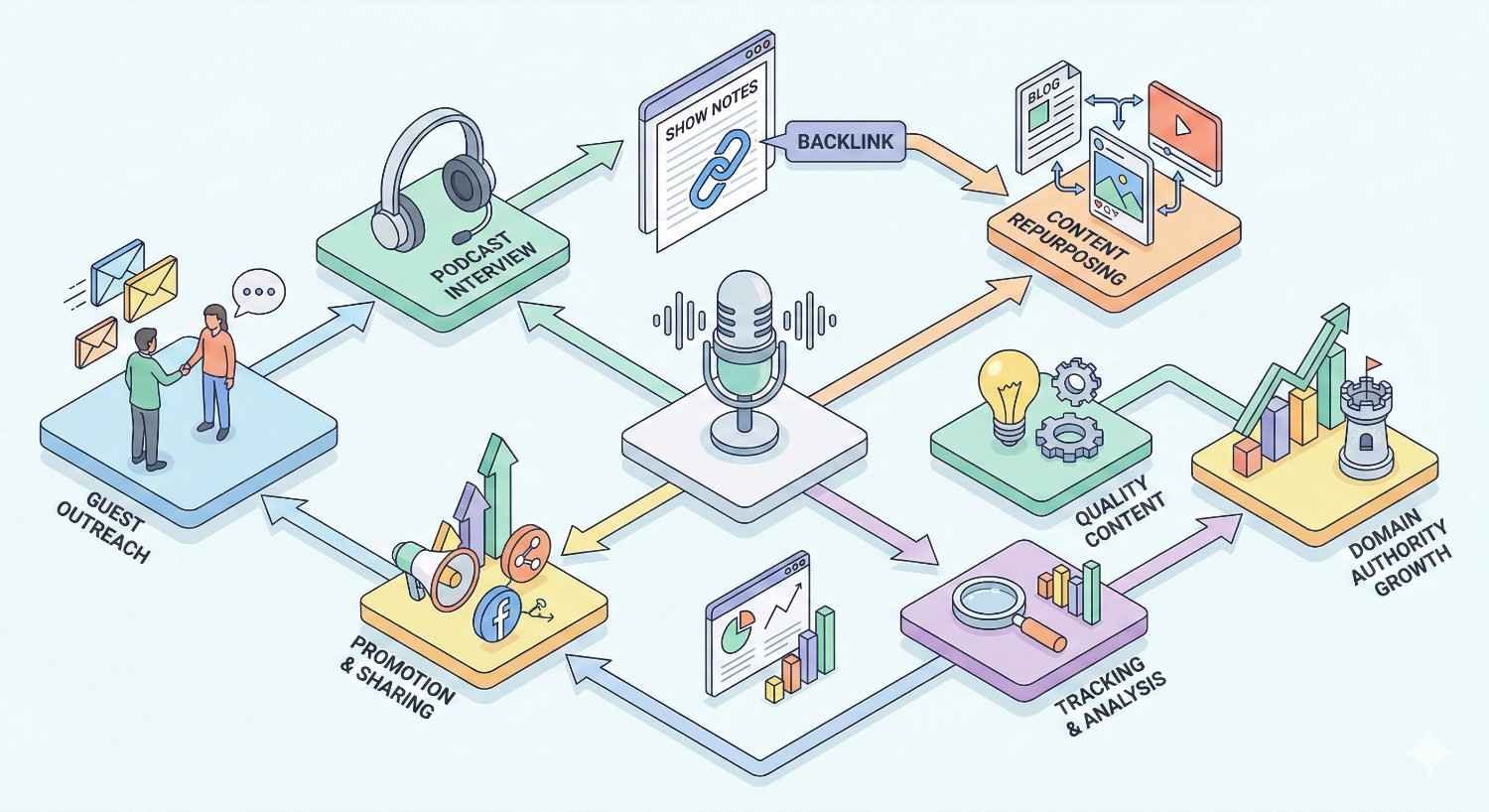 Infographic illustrating podcast link building workflow: guest outreach leads to podcast interviews, show notes backlinks, content repurposing, promotion and sharing, quality content creation, tracking and analysis, and resulting domain authority growth. Central microphone icon connects all stages.