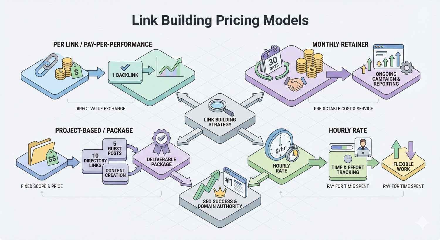 Infographic titled “Link Building Pricing Models” showing per-link/pay-per-performance, monthly retainer, project-based packages, and hourly rates. It outlines deliverables like backlinks, guest posts, content creation, ongoing reporting, and time tracking, all connected to a central link building strategy driving SEO success and domain authority.