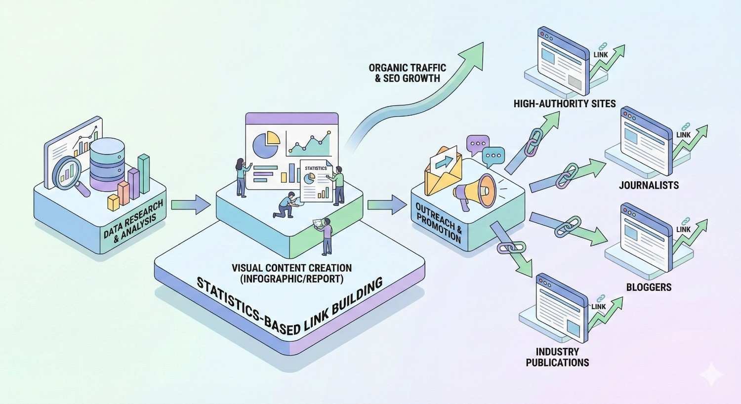 Illustrated workflow of statistics-based link building: data research and analysis leads to visual content creation (infographics/reports), followed by outreach and promotion. Arrows show organic traffic and SEO growth, with links earned from high-authority sites, journalists, bloggers, and industry publications.