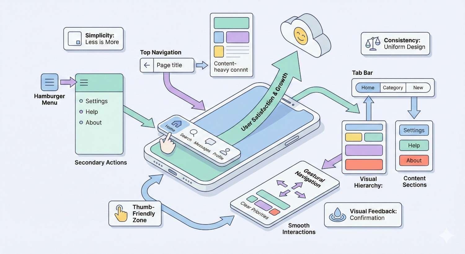 Infographic on mobile-first indexing showing content parity, metadata, structured data, and internal linking feeding into the search index. It highlights visuals, fast loading, and UX improvements leading to increased visibility and traffic through optimized mobile performance.