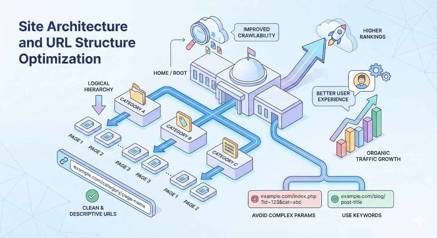 Isometric diagram illustrating site architecture and URL structure optimization, showing logical hierarchy from homepage to categories and pages, clean descriptive URLs, improved crawlability, keyword usage, avoidance of complex parameters, and resulting benefits like higher rankings, better user experience, and organic traffic growth.