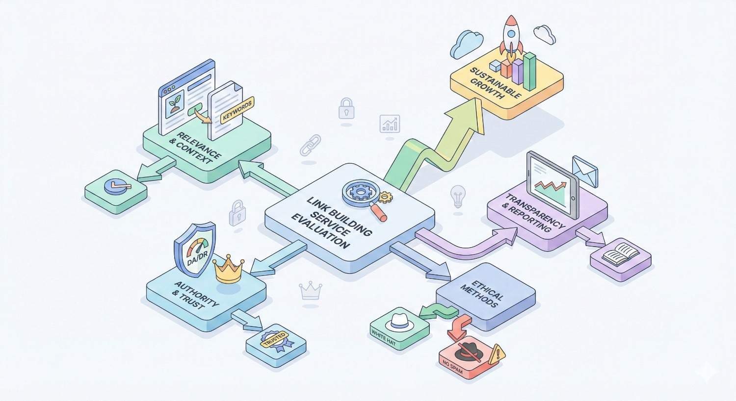 Infographic showing link-building service evaluation, with relevance, authority, ethical methods, and transparency feeding into sustainable growth, illustrated by arrows, icons like shields and charts, warning symbols for bad practices, and a rocket launching from rising bars.