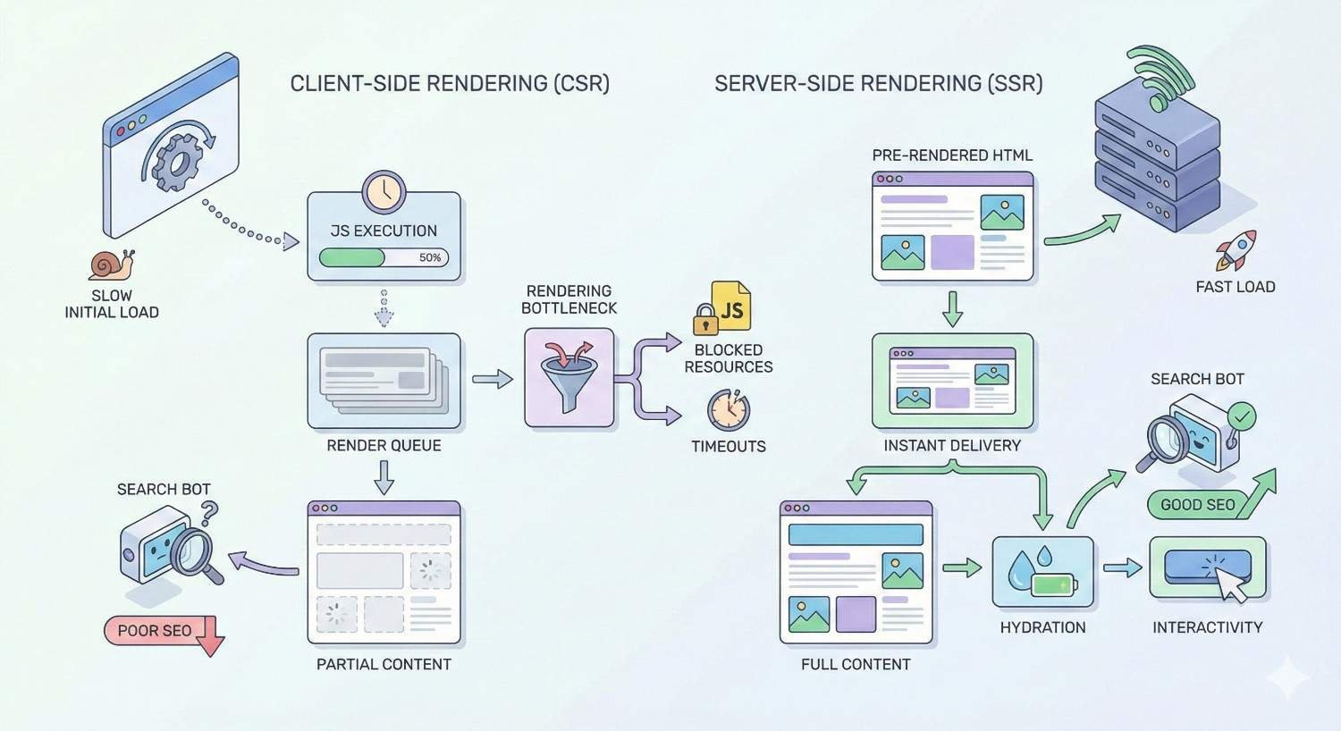 Infographic comparing client-side rendering (CSR) and server-side rendering (SSR). CSR shows slow initial load, JS execution, rendering bottlenecks, and partial content causing poor SEO. SSR shows pre-rendered HTML, fast load, full content delivery, hydration, and better search bot indexing for good SEO.