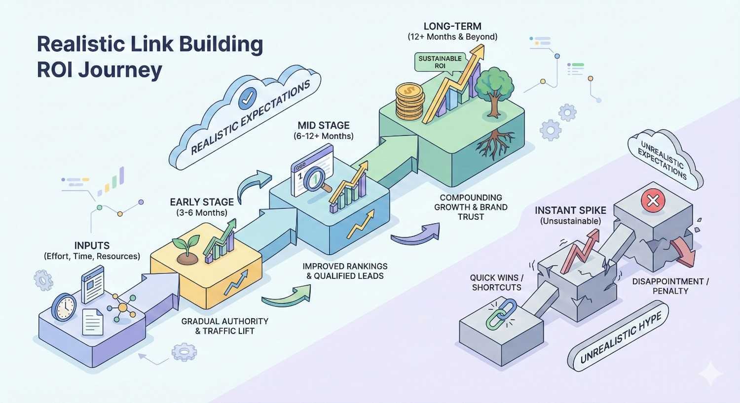 Infographic titled “Realistic Link Building ROI Journey” showing gradual SEO growth from early to long-term stages with improved rankings, traffic, and sustainable ROI, contrasted with unrealistic hype promising instant spikes that lead to disappointment or penalties.