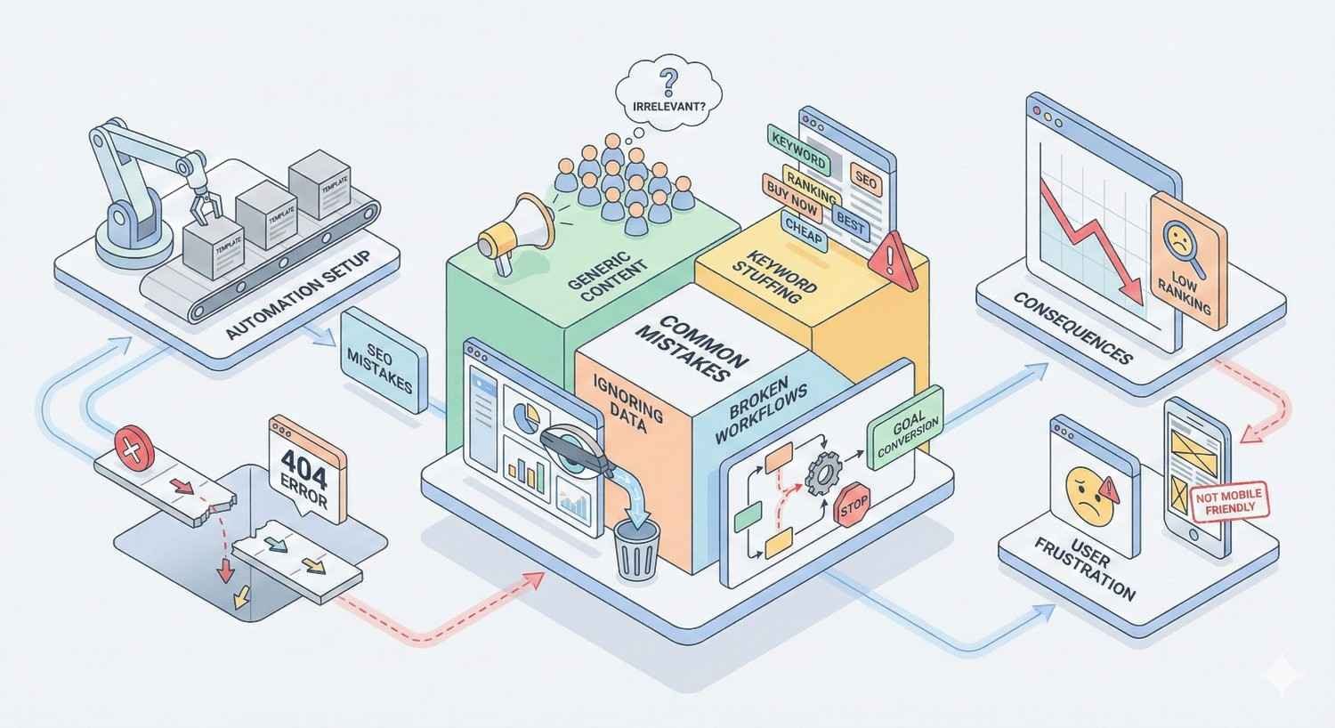 Isometric illustration highlighting common SEO and automation mistakes, including generic content, keyword stuffing, ignoring data, broken workflows, and technical errors like 404 pages, leading to poor rankings, low conversions, user frustration, and negative performance consequences.