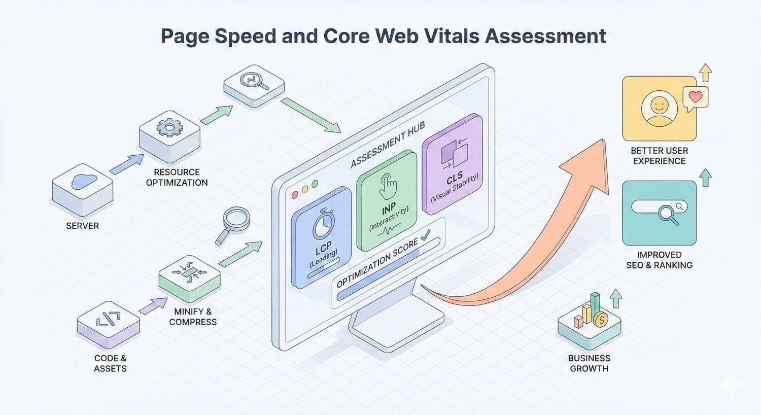 Diagram illustrating page speed and Core Web Vitals assessment, showing server and resource optimization, code minification, and compression improving LCP, INP, and CLS scores, leading to better user experience, improved SEO rankings, and increased business growth.