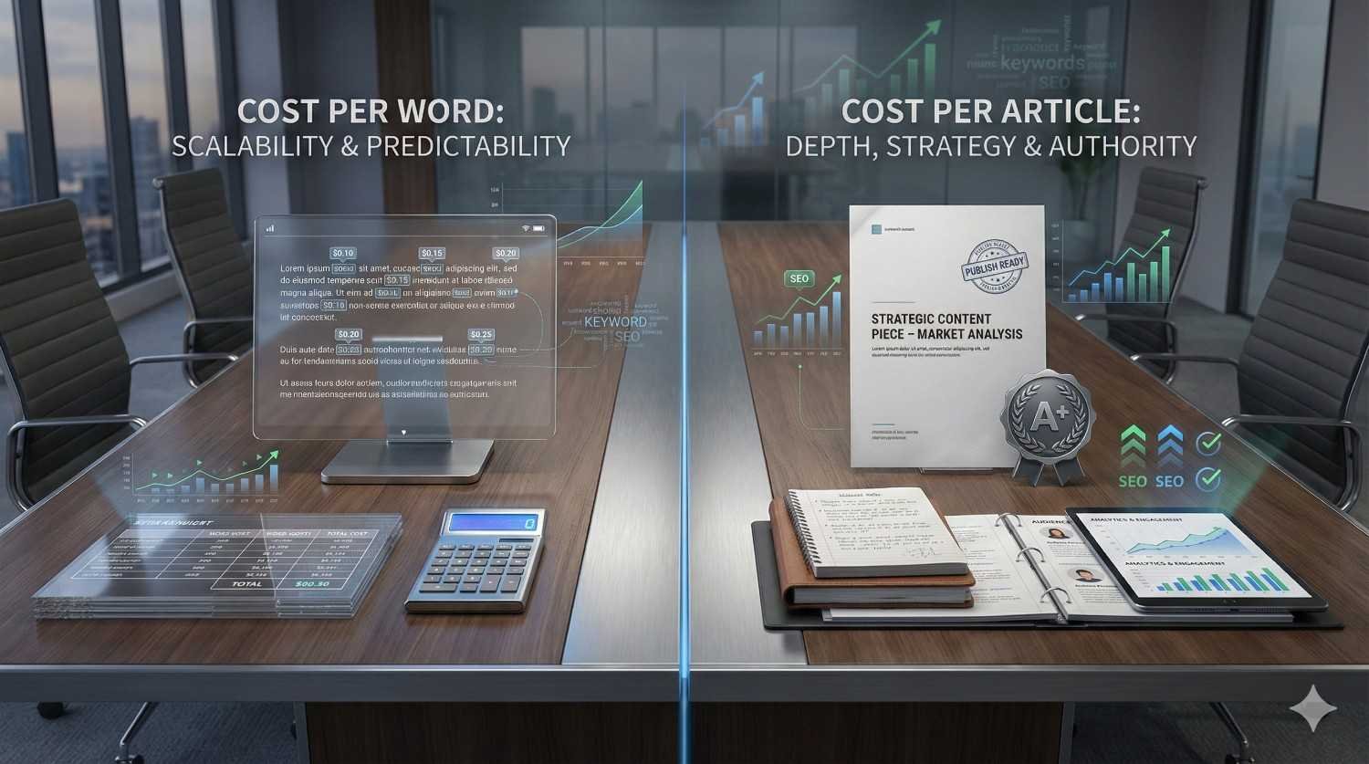 Split office desk scene comparing “cost per word” versus “cost per article,” with screens and papers showing SEO charts, keyword growth, analytics, reports, and certifications, illustrating scalability and predictability on one side and strategic depth and authority on the other.