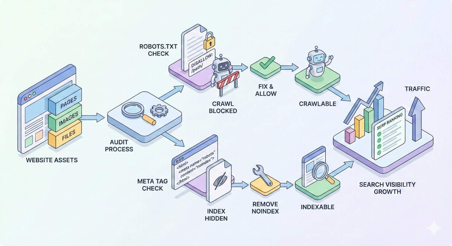 Flow diagram showing an SEO audit process, checking robots.txt and meta tags, fixing crawl blocks and noindex issues, making pages crawlable and indexable, and resulting in improved search visibility, higher rankings, and increased organic traffic.