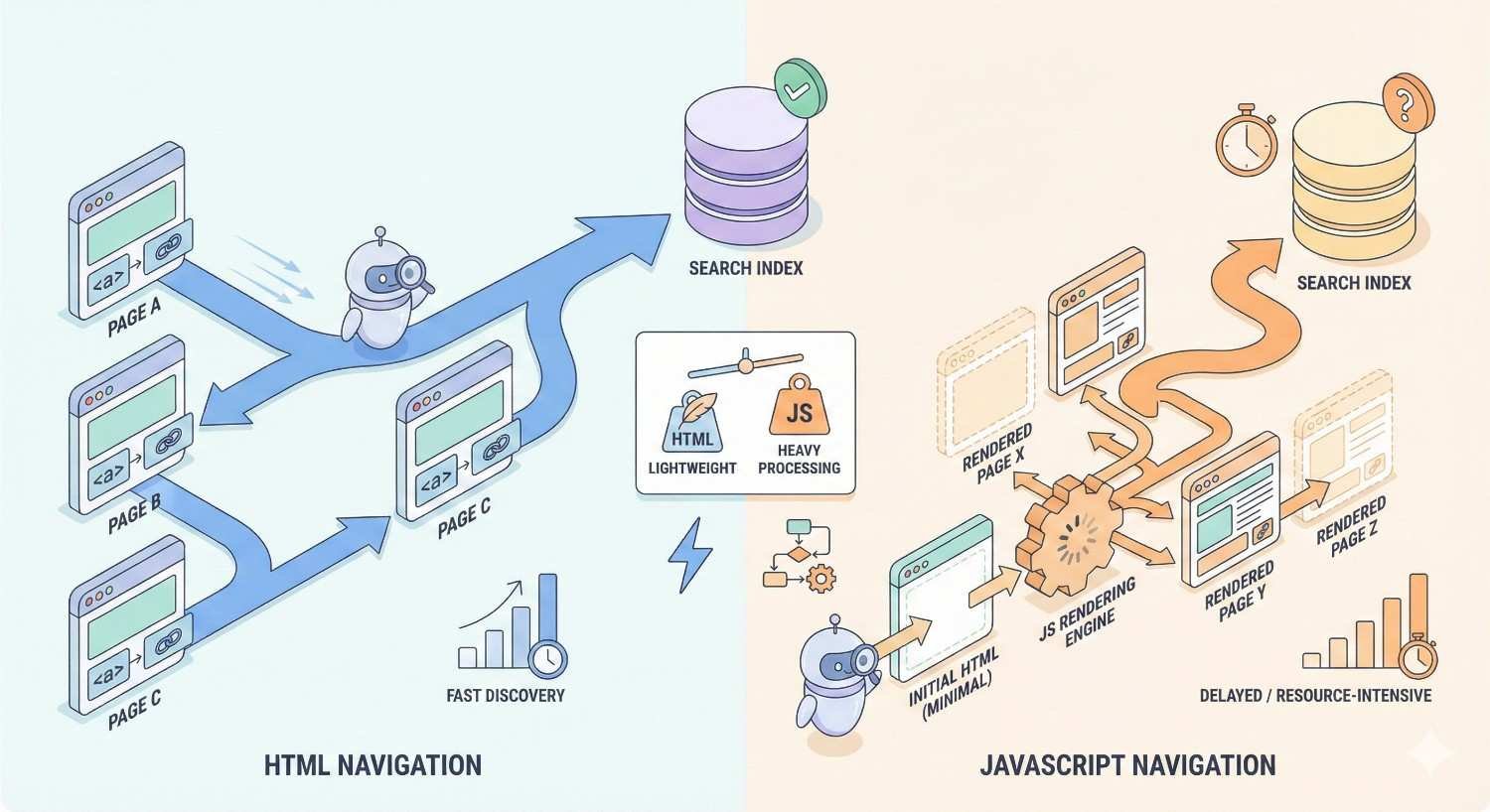 Infographic comparing HTML navigation and JavaScript navigation. HTML shows lightweight pages linked for fast discovery and efficient search indexing. JavaScript navigation illustrates minimal initial HTML, heavy JS rendering engine, delayed rendering, and resource-intensive indexing, highlighting performance and SEO differences.