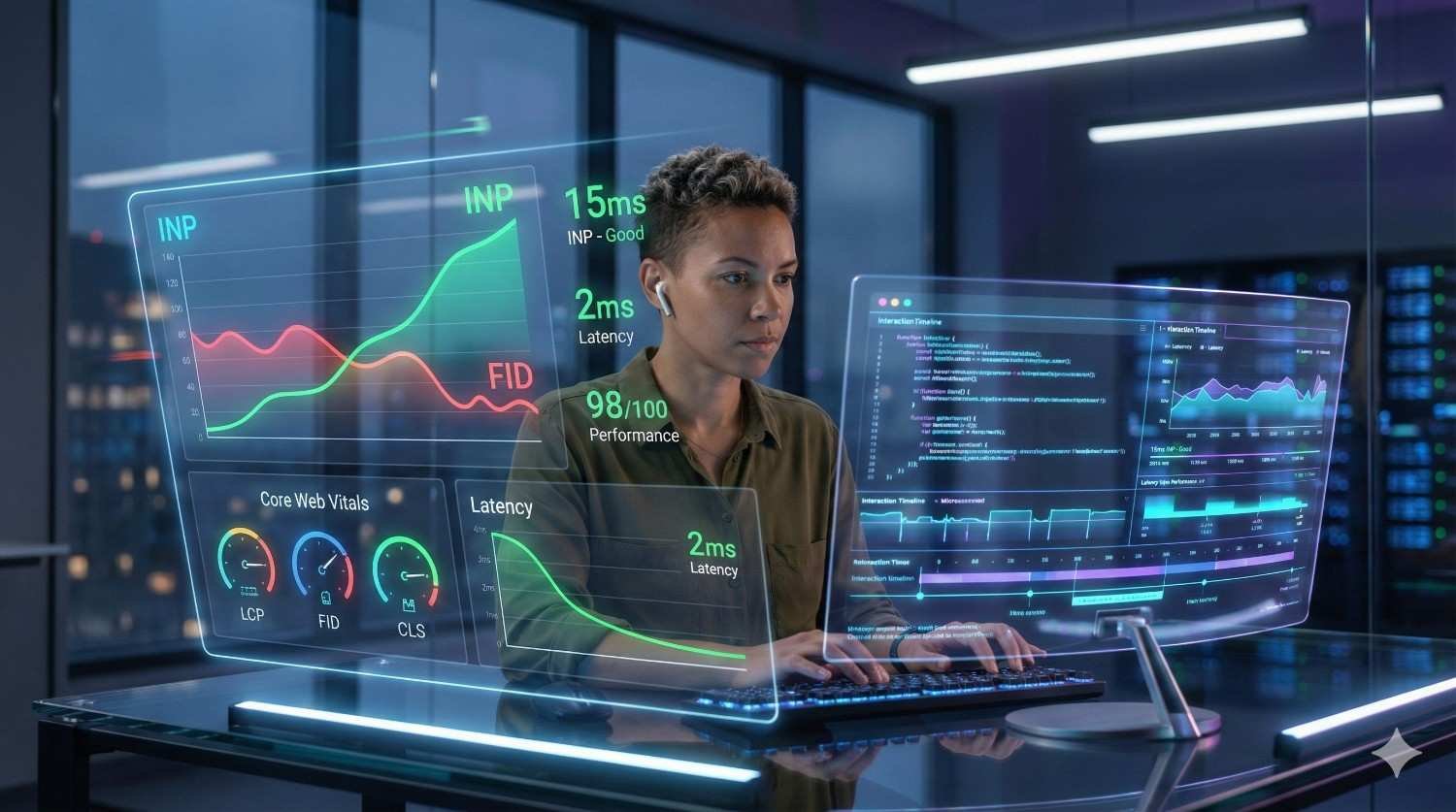 Professional analyzing website performance on futuristic transparent dashboards showing Core Web Vitals, INP, FID, latency, and performance scores. Developer works at computer in modern office, monitoring real-time metrics and optimization data for improved speed and user experience.