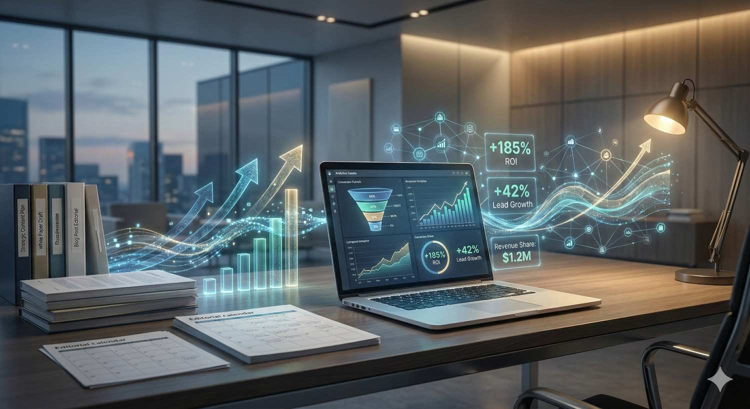 Modern office desk with a laptop displaying analytics dashboards and glowing data overlays showing rising charts, ROI and lead growth, stacks of reports and books nearby, and a desk lamp, with city windows in the background suggesting business performance and success.