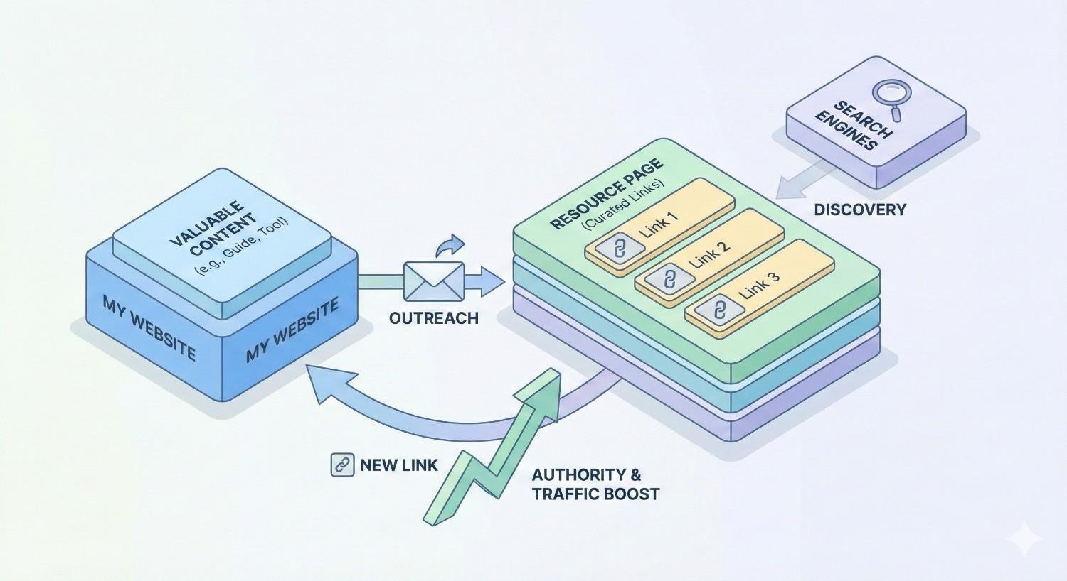 Diagram showing link-building process: valuable content on “My Website” is promoted through outreach to a curated resource page with multiple links. After discovery by search engines, a new backlink is gained, leading to increased authority and traffic boost, illustrated with arrows and stacked website blocks.