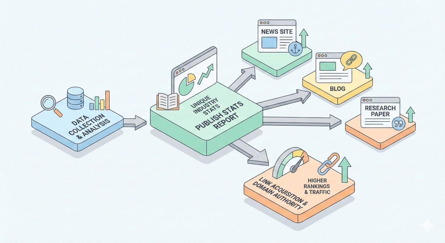 Infographic showing data collection and analysis leading to publishing unique industry statistics reports. Arrows connect to news sites, blogs, and research papers, generating links. Final outcome highlights link acquisition, increased domain authority, and higher rankings and traffic.