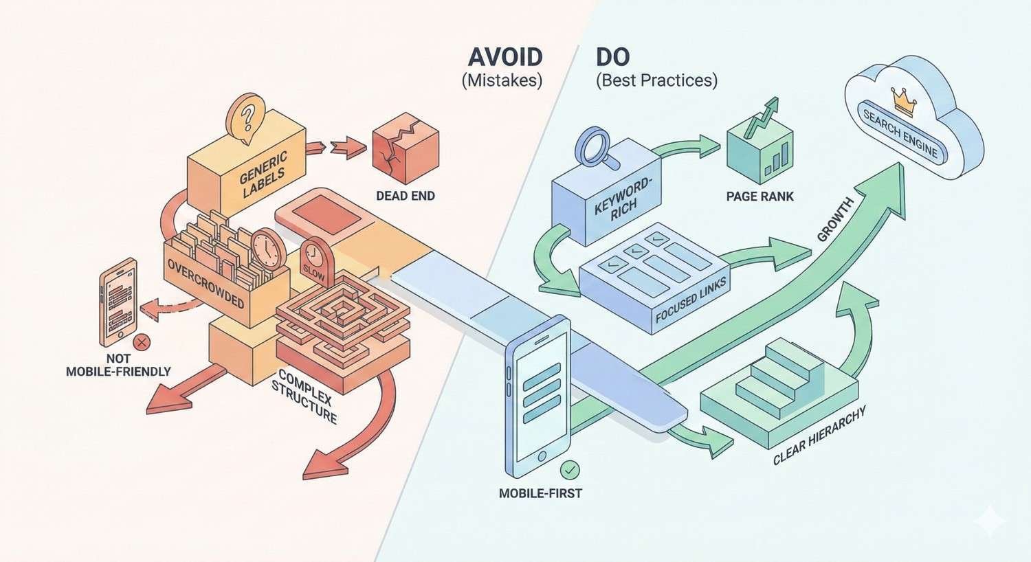 Illustration comparing SEO mistakes and best practices. Left side shows issues like generic labels, overcrowded layout, complex structure, dead ends, and not mobile-friendly. Right side highlights mobile-first design, keyword-rich content, focused links, clear hierarchy, page rank growth, and search engine success with upward arrows.