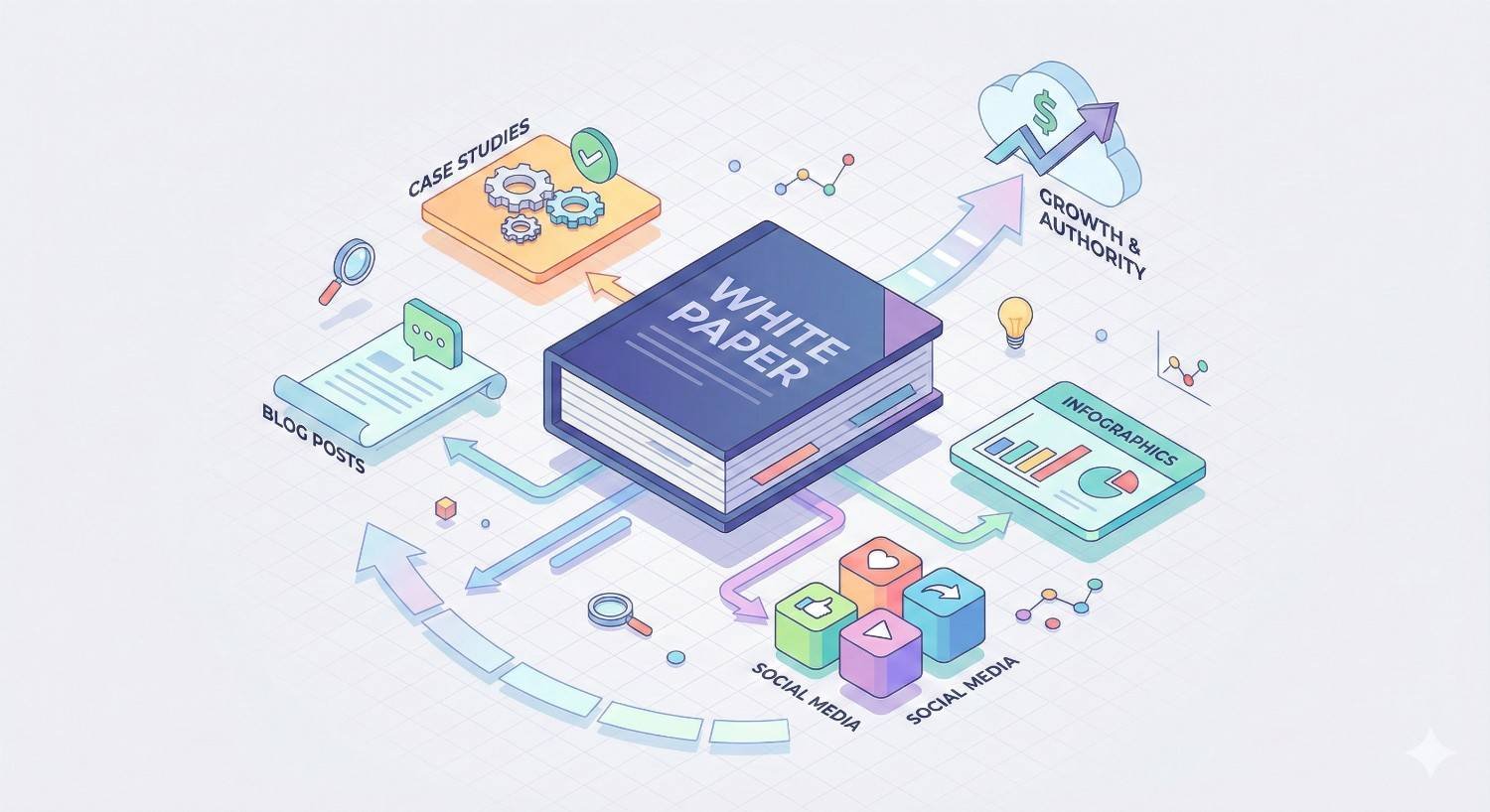 An illustration centers on a book labeled “White Paper,” with arrows to blog posts, case studies, social media, and infographics, showing content repurposing that drives visibility, growth, and authority through analytics, sharing icons, and upward trend symbols.