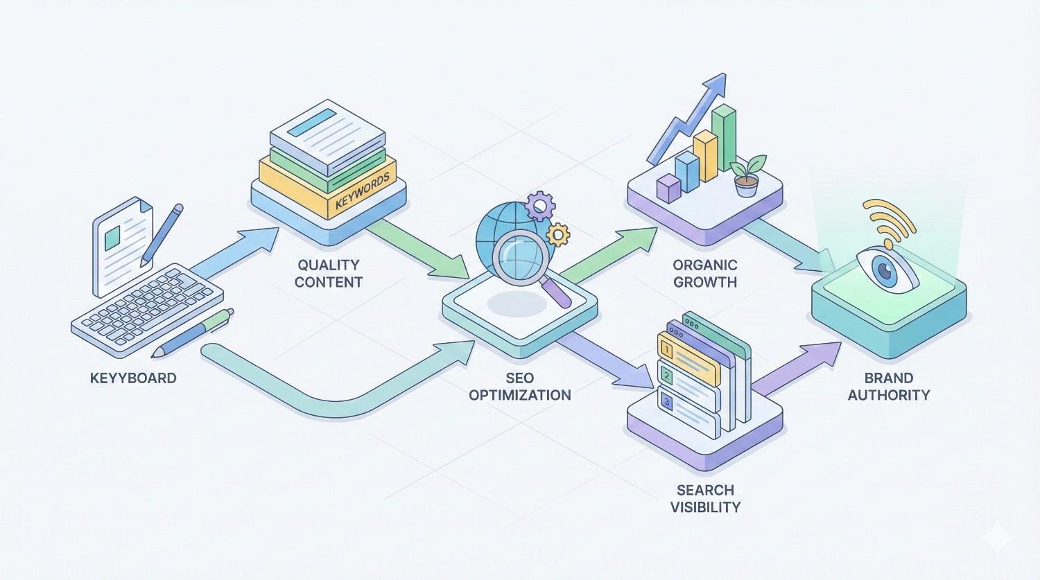 Isometric diagram showing a workflow from writing on a keyboard to keyword research and quality content, then SEO optimization, leading to organic growth, improved search visibility, and increased brand authority, with arrows connecting each stage in the content marketing process.