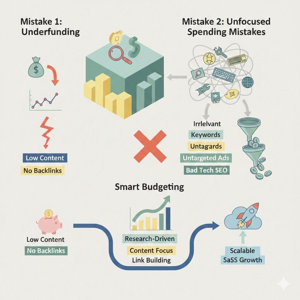 Infographic showing SEO budgeting mistakes for SaaS. It highlights underfunding and unfocused spending causing low content, no backlinks, irrelevant keywords, and poor technical SEO, contrasted with smart budgeting through research-driven content, focused link building, and scalable SaaS growth.