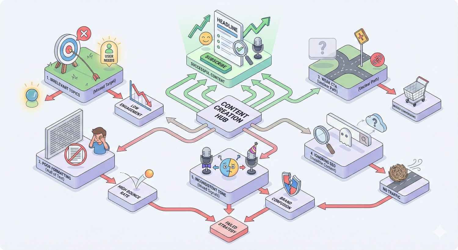 Infographic showing a content creation hub with green paths to successful content and red paths to failure, highlighting issues like irrelevant topics, poor formatting, weak headlines, inconsistent tone, ignoring SEO, unclear calls to action, low engagement, no traffic, and failed strategy versus optimized, audience-focused outcomes.