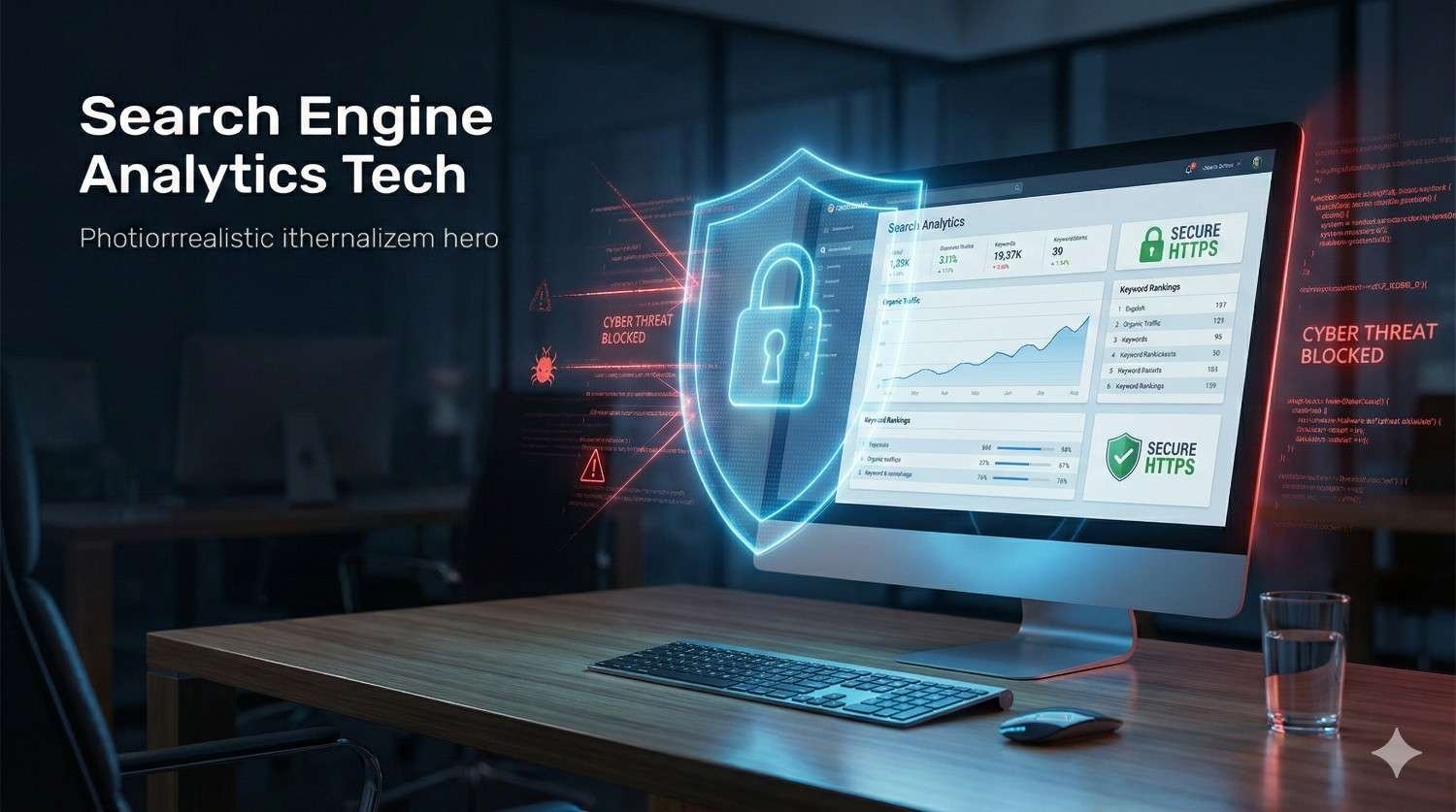 Desktop monitor displaying search engine analytics dashboard with traffic graphs and secure HTTPS badge. A glowing digital shield with a lock blocks cyber threats, while red warning indicators show attacks prevented, symbolizing website security, SEO analytics, and protected online performance.