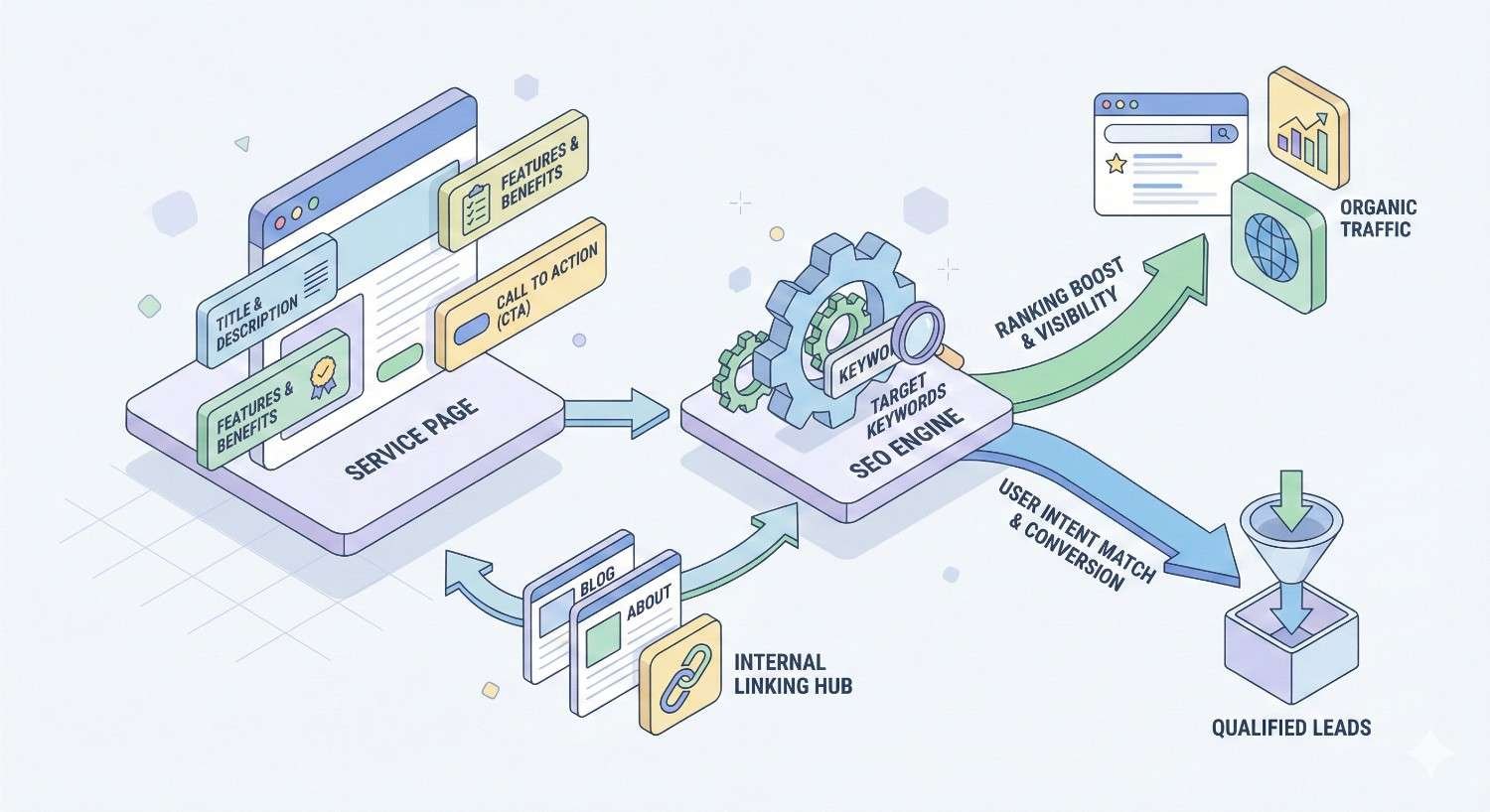 An illustrated SEO workflow shows a service page with titles, benefits, and CTAs feeding into keyword targeting and search engines, supported by internal links, resulting in ranking boosts, organic traffic, user-intent matching, higher conversions, and qualified leads.