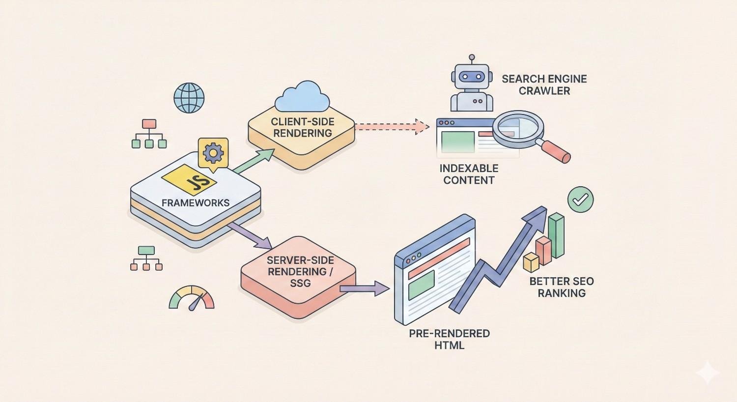 Infographic showing JavaScript frameworks leading to client-side rendering or server-side rendering/SSG. Client-side rendering limits indexable content for search engine crawlers, while server-side rendering delivers pre-rendered HTML, improving crawlability and resulting in better SEO rankings.
