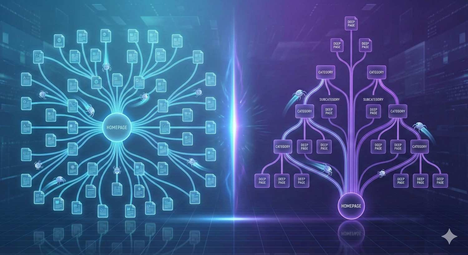 Split illustration comparing website structures. Left shows a homepage with many equal-level pages branching out chaotically. Right shows a clear hierarchical tree with homepage, categories, subcategories, and deep pages, representing improved site architecture, crawlability, and organized internal linking for SEO.