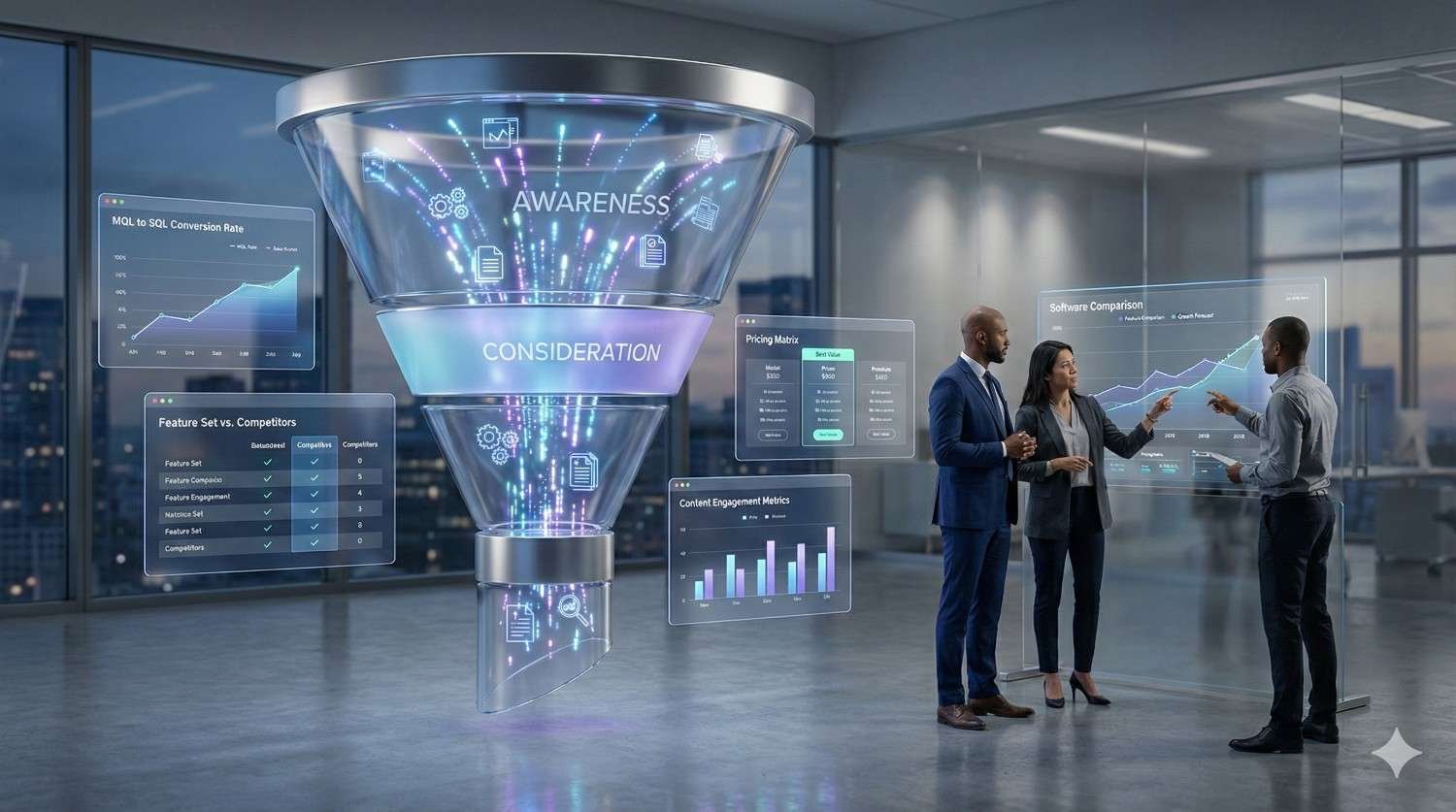 A modern office scene with a large holographic marketing funnel labeled Awareness and Consideration, surrounded by analytics dashboards. Three professionals discuss data-driven insights, software comparisons, pricing metrics, and engagement charts, illustrating strategic decision-making and funnel optimization for business growth.