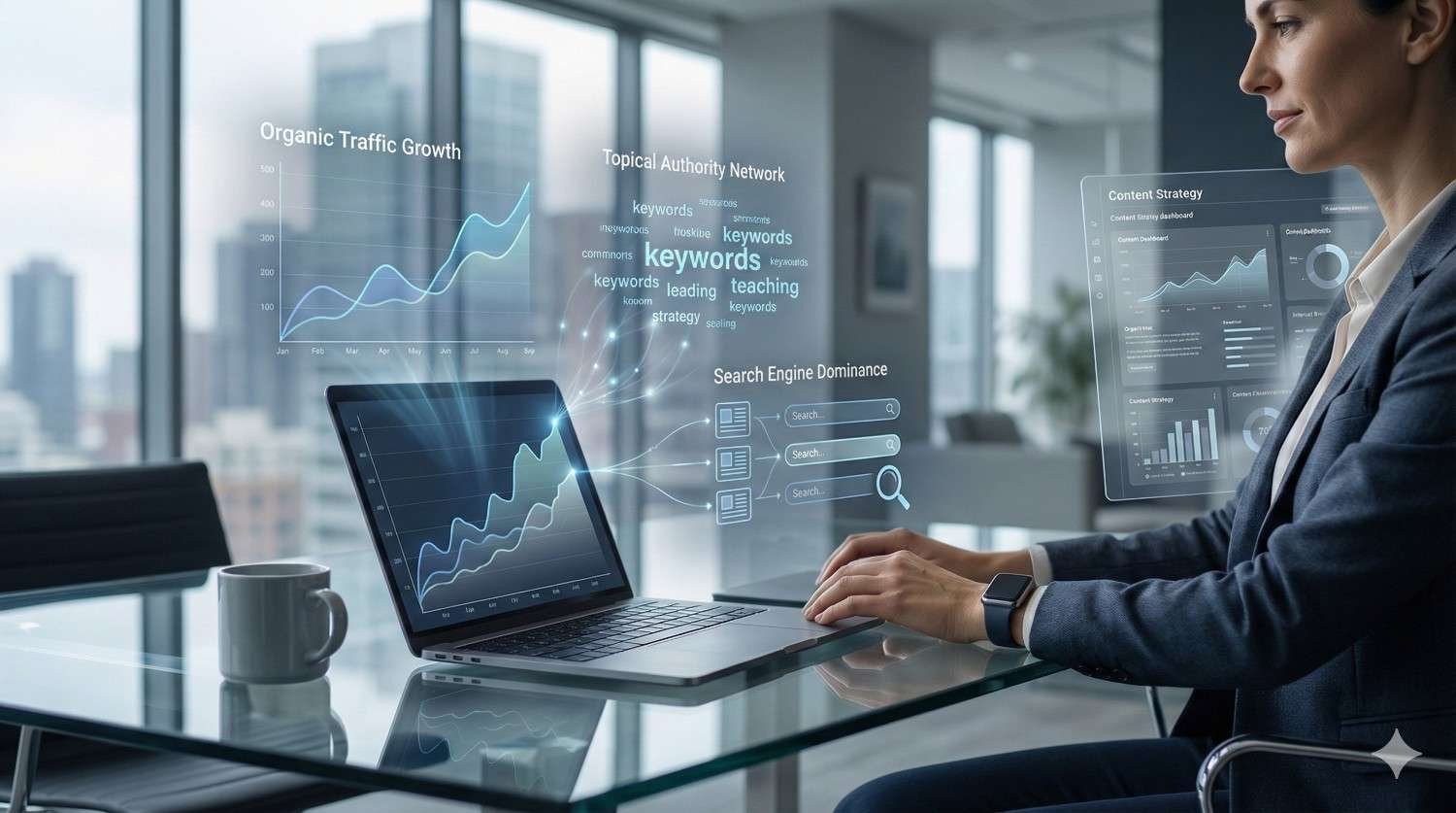 A professional woman works at a glass desk with a laptop showing rising analytics charts, while transparent screens display organic traffic growth, keyword networks, search dominance, and content strategy dashboards inside a modern office with large windows and city views.