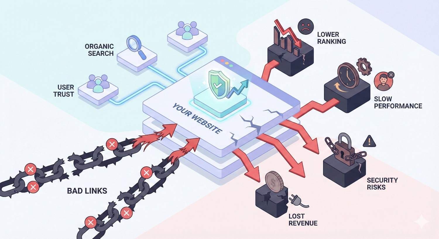 Infographic showing bad links attacking a website, causing cracks and damage. Negative effects include lower rankings, slow performance, security risks, and lost revenue. In contrast, organic search and user trust support a healthy site with protection and growth.