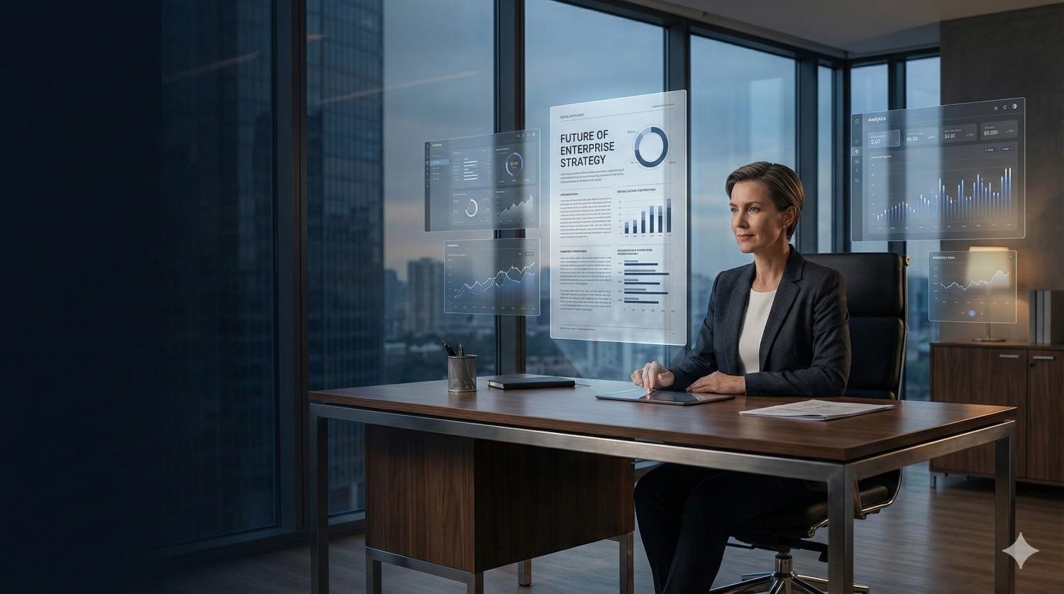 A professional woman sits at a modern office desk overlooking a city skyline, working with transparent holographic screens displaying charts, graphs, and a “Future of Enterprise Strategy” report, suggesting advanced technology, data analysis, and corporate planning in a high-rise workspace.