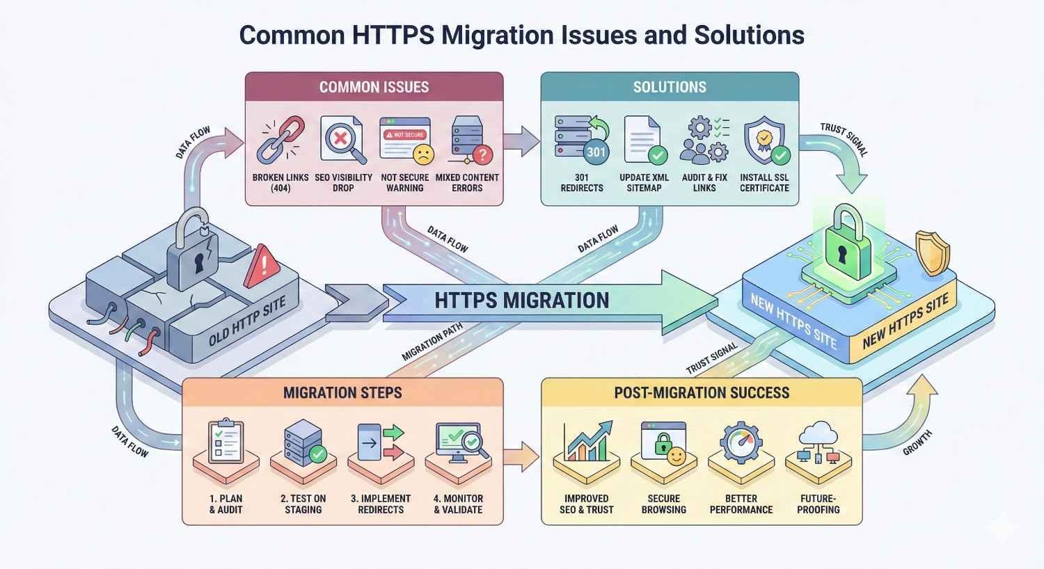 Infographic titled “Common HTTPS Migration Issues and Solutions” showing problems like broken links, SEO drop, mixed content, and warnings. Solutions include 301 redirects, sitemap updates, fixing links, and installing SSL. It outlines migration steps and highlights improved SEO, secure browsing, better performance, and future-proofing.