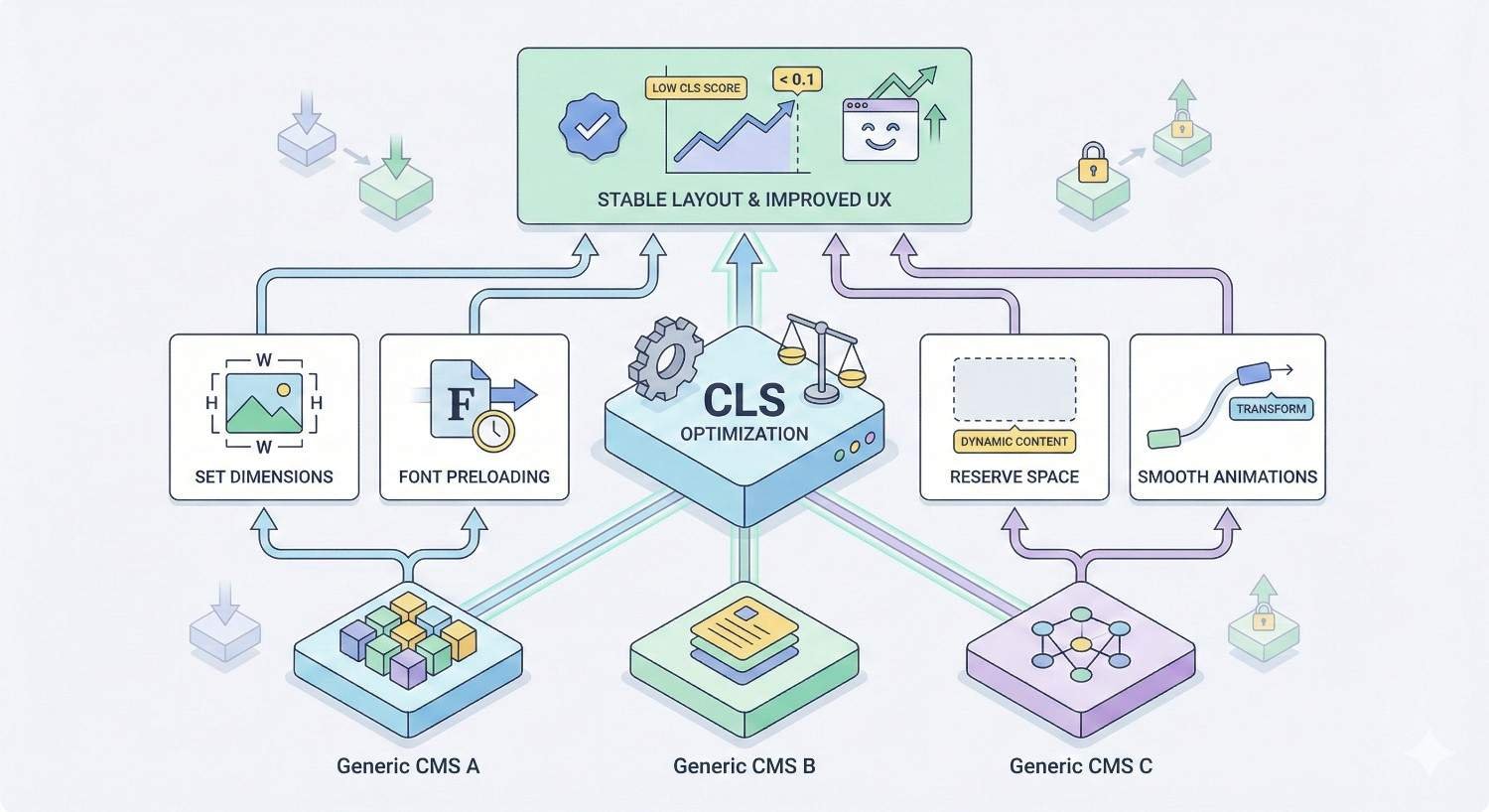 Infographic showing CLS optimization framework: central CLS optimization hub connected to techniques like setting image dimensions, font preloading, reserving space for dynamic content, and smooth animations. Applied across CMS platforms to achieve low CLS score (<0.1), stable layout, and improved user experience.