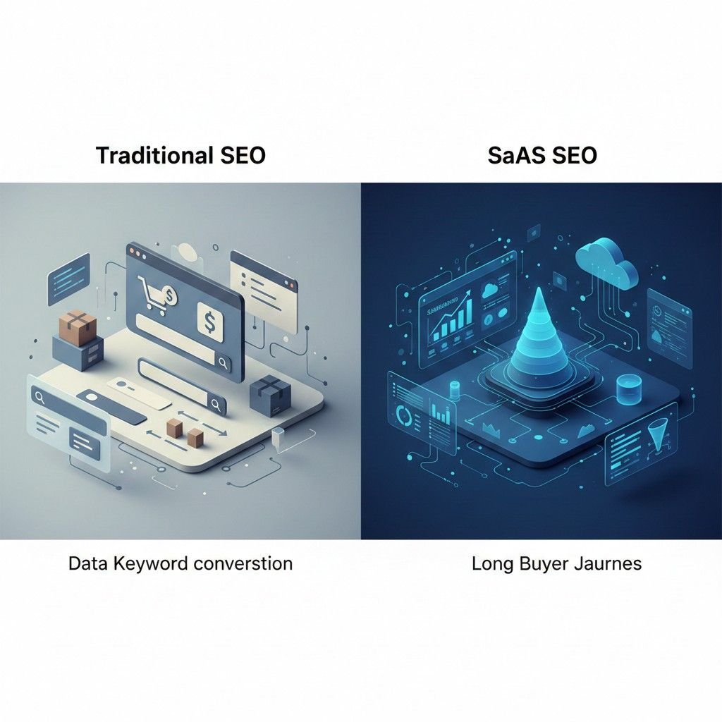Split-screen illustration comparing traditional SEO and SaaS SEO, showing traditional SEO focused on keyword conversion and transactions, while SaaS SEO emphasizes longer buyer journeys, data-driven funnels, and product-led growth with analytics dashboards and cloud-based systems.