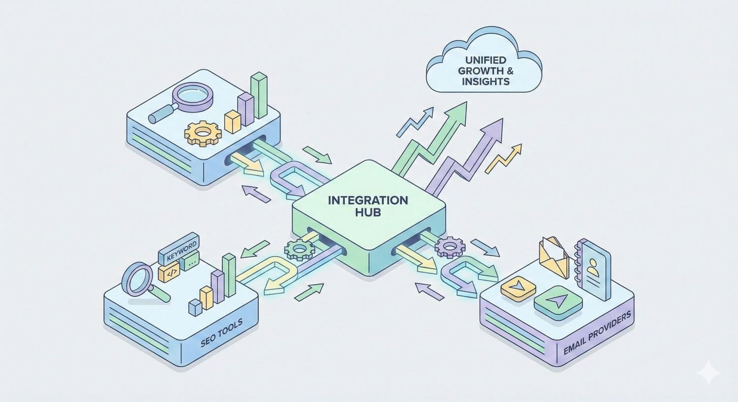 Illustration of an integration hub connecting analytics platforms, SEO tools, and email providers through bidirectional arrows, with data flowing into a cloud labeled unified growth and insights, shown by rising multicolored graphs and interconnected system icons in a clean isometric style.