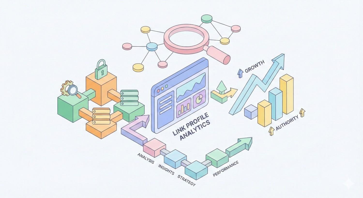 An isometric illustration shows link profile analytics dashboards connected to data servers, security icons, and network nodes, flowing into analysis, insights, strategy, and performance, with rising charts representing authority gains and business growth from SEO optimization.