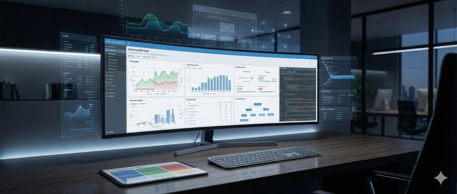 A modern workspace with an ultrawide monitor displaying a technical SEO audit dashboard, featuring performance graphs, Core Web Vitals, crawl data, and site metrics, surrounded by floating analytics panels, emphasizing data-driven website optimization and professional SEO analysis.