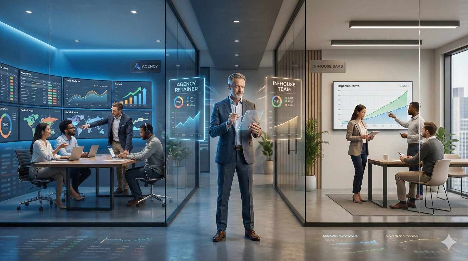 Split office scene comparing an SEO agency and an in-house team. On one side, an agency reviews analytics dashboards and retainer metrics; on the other, an internal team discusses organic growth charts. A leader stands between both, evaluating performance and ROI.