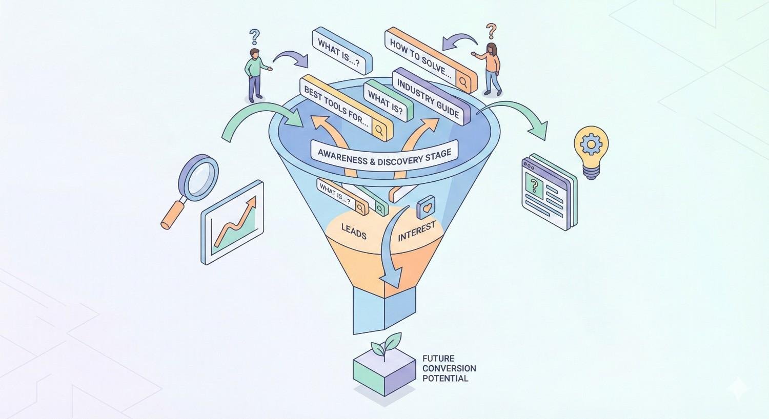 Isometric illustration of a content marketing and SEO funnel, showing awareness and discovery queries like “what is” and “how to,” flowing through interest and leads stages, and ending in future conversion potential, representing how informational content guides users toward long-term growth and conversions.