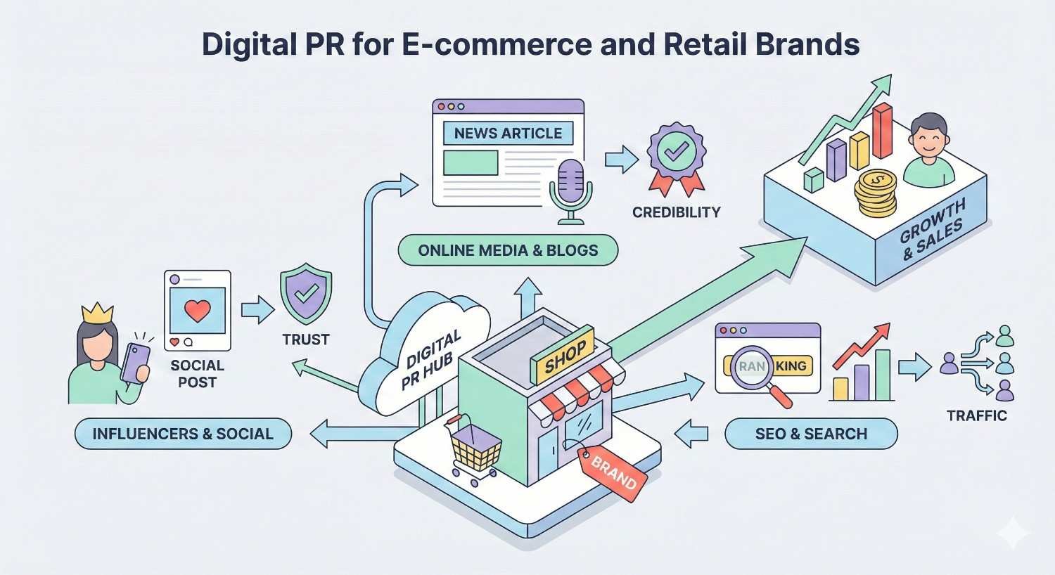 Infographic titled “Digital PR for E-commerce and Retail Brands.” A central shop connects to online media, blogs, influencers, and social posts to build trust and credibility. Arrows show SEO, rankings, traffic, and brand growth leading to increased sales, revenue, and customer engagement.